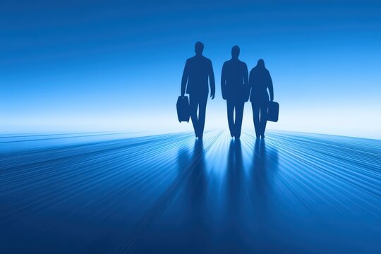 Professional silhouettes walking towards a bright blue horizon symbolizing ambition teamwork and determination captured in a modern business context showcasing career advancement