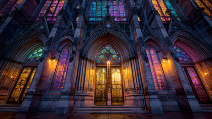 Fototapeta premium Gothic Cathedral Facade With Colorful Illuminated Windows and Doors