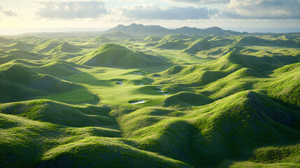 Majestic golf course set against a backdrop of towering mountains under a clear blue sky