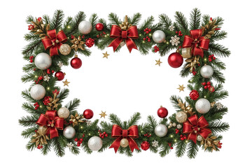 Festive frame of evergreen boughs, ornaments, ribbons, berries, and lights to create a holiday border. isolated on transparent background.