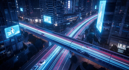Cityscape at night with light trails and digital billboards