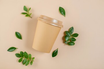 Beige Disposable Coffee Cup Green Leaves Beige Background
