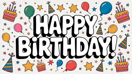 Colorful birthday card with cakes, balloons, hats, stars, bold greeting