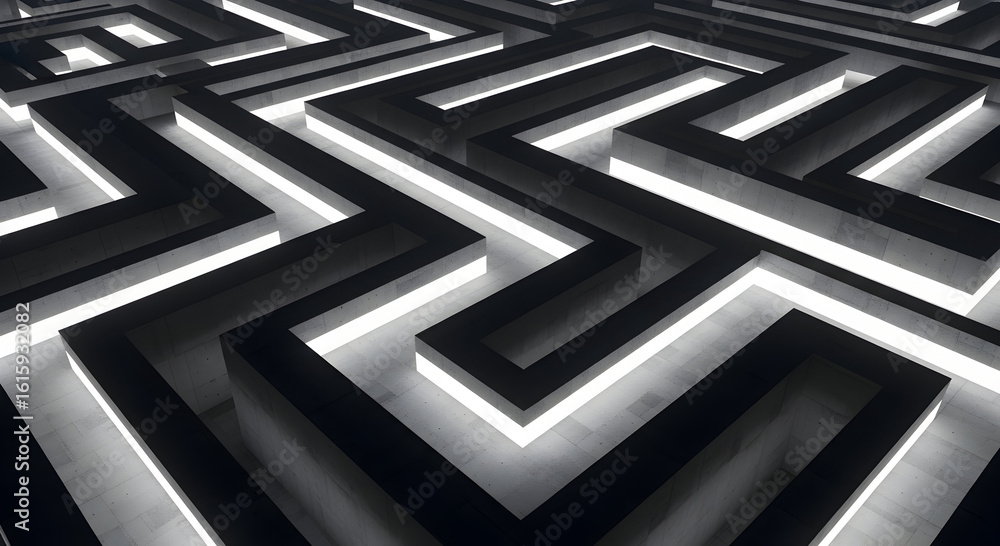 Poster abstract concrete maze illuminated by bright white light showcases a challenging and complex structu