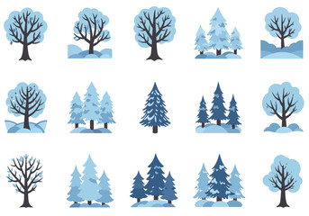 A set of winterthemed clip art featuring bare deciduous  evergreen trees in various shades of blue  snow