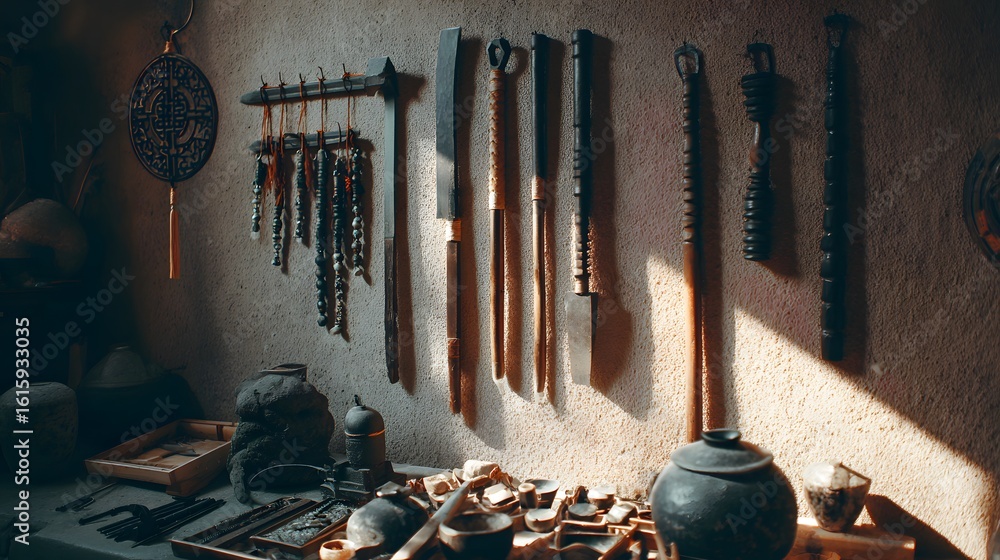 Poster wooden tools and objects displayed on a wall in a craftsman's workshop.