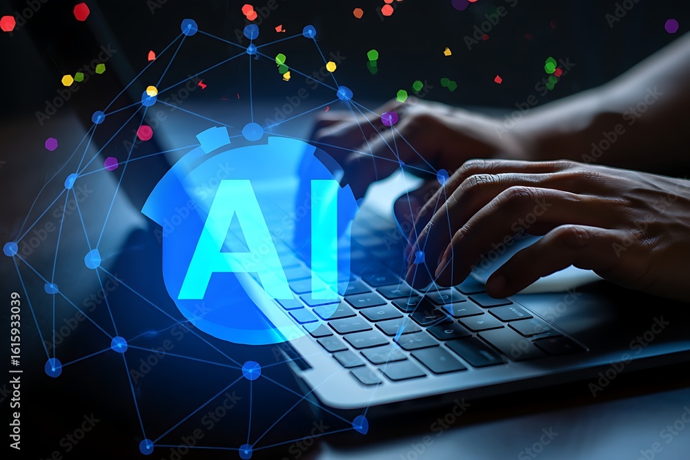 Poster close up of a person s hands typing on a laptop keyboard with a glowing blue ai logo superimposed ov