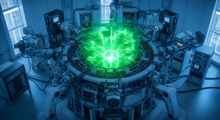 Complex machinery with green energy core in laboratory room