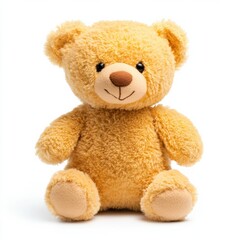 Obraz premium A soft, light brown teddy bear with a smiling face, black eyes, and round ears sits upright on a white background.