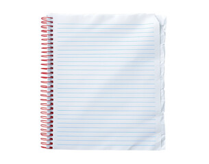 Open spiral notebook with lined paper and red coil on a solid transparent background