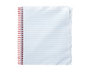 Open spiral notebook with lined paper and red coil on a solid transparent background