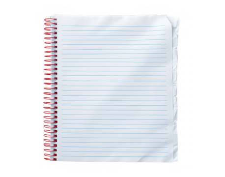 Open spiral notebook with lined paper and red coil on a solid transparent background
