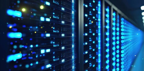 Close-up 3D rendering of glowing data center server racks with vibrant blue lights and digital particles, perfect for cloud computing, AI systems, and cybersecurity infrastructure themes