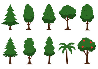Cartoon trees on a white background arranged in two rows