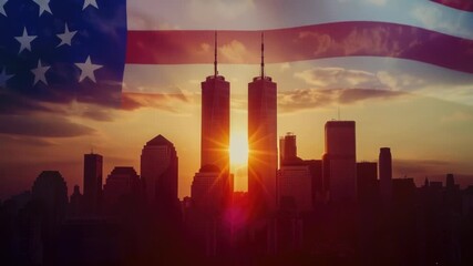 A waving American flag above a cityscape - Powered by Adobe