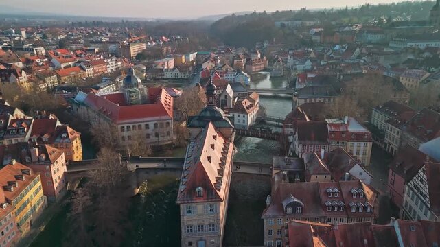 Aerial view of the Altes Rathaus, a winter shot of the town hall in the middle of the Regnitz River, Bamberg, Bavaria, Germany.