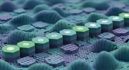 Dynamic abstract visualization of data points and interconnected concepts across a digital terrain