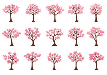 Obraz premium Fifteen stylized pink cherry blossom trees in three rows on a white background