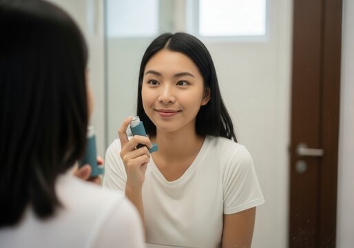Young Asian woman using asthma inhaler in bathroom mirror reflection