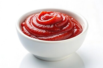 A close up of a white bowl filled with rich red tomato ketchup swirled on a white background isolated on white background