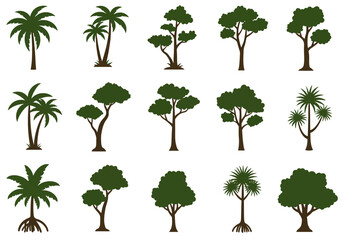 Fifteen trees in a grid varied species and shapes all dark green silhouettes against a white background