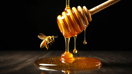 Dramatic close-up of honey dripping from wooden dipper, black background