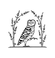 Vector card with hand drawn gorgious owl in graceful floral arch. Ink drawing, decorative graphic style. Beautiful wildlife design elements, logo template