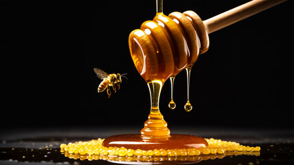 Dramatic close-up of honey dripping from wooden dipper, black background