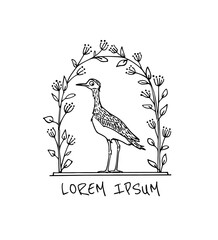 Vector card with hand drawn cute Thick-knee in graceful floral arch. Beautiful animal design elements, ink drawing, logo template