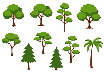 Fototapeta premium Isolated clipart of assorted trees with green foliage and brown trunks on a white background
