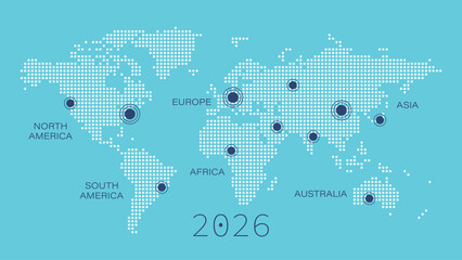 Vector World Map with pointers. North, South America, Europe, Asia, Africa, Australia. Illustration for 2026 year, infographics, global business, travel, destinations