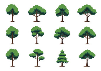 Pixelart trees 11 broadleaf one fir in a grid various shapes set against a white background