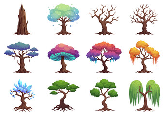 Pixel art depicts twelve fantastical trees with varied shapes and colorful foliage against a white background