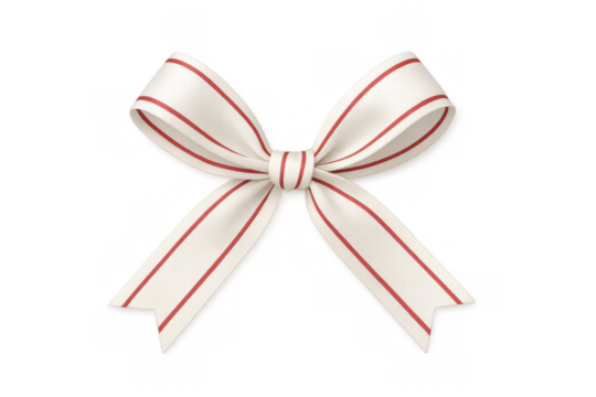 Elegant white ribbon adorned with red stripes, gracefully knotted in bows, offering sophisticated accent against transparent backdrop