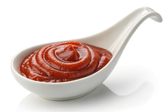 A swirl of rich red tomato ketchup in a white ceramic tasting spoon isolated on white background