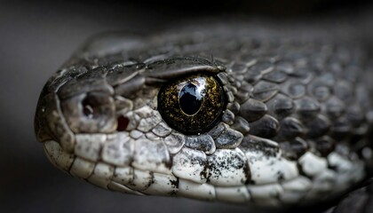 Fototapeta premium Close-up of a snake's head. Detailed scales, amber eye