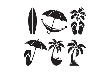 Tropical beach vacation icons silhouette
