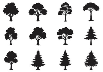Twelve black silhouette tree illustrations are arranged in a neat organized grid