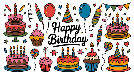 Festive birthday greeting, gold silver balloons, glitter, confetti, elegant lettering