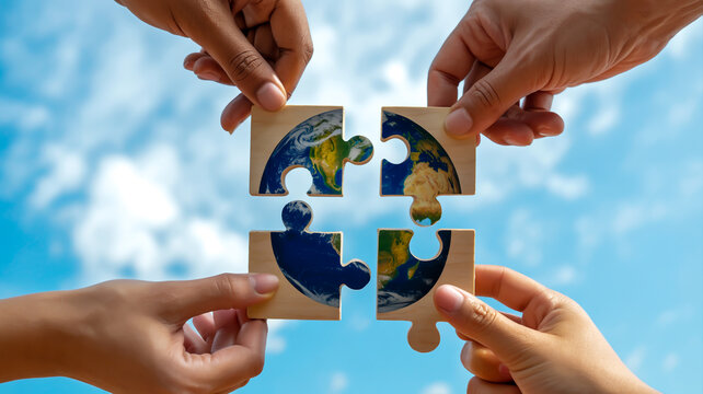 Four hands unite globe puzzle pieces, symbolizing collaborative global environmental harmony