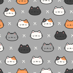 Seamless pattern with cute cartoon cat sleeping face on gray background for kids, Childish cat pattern for fabric and wrapping paper