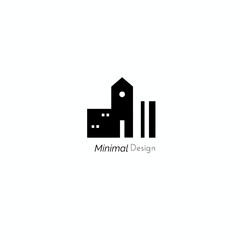 Fototapeta premium A minimalist, stylized black silhouette of a building with a tower, windows, and adjacent structures, set against a plain white background.