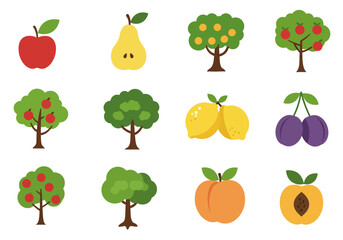 Twelve fruit  tree icons apple pear lemon plum peach  trees with apples or oranges