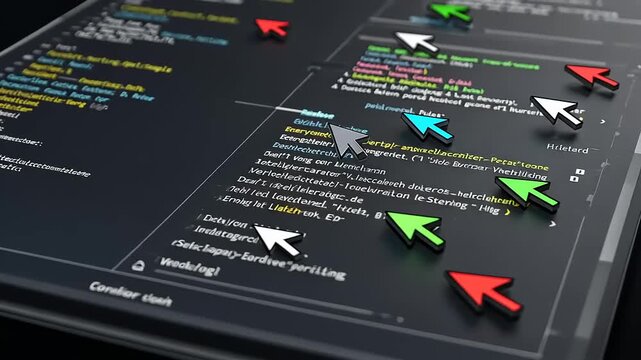 Dynamic coding interface showcasing various programming languages with colorful cursor pointers