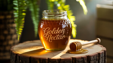 Golden honey jar with dipper, sunlit wood, rustic green backdrop