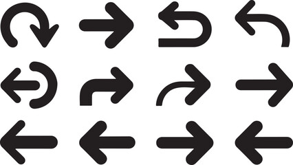 Black Arrows Icon Set – Bold Curved and Flat Direction Symbols

