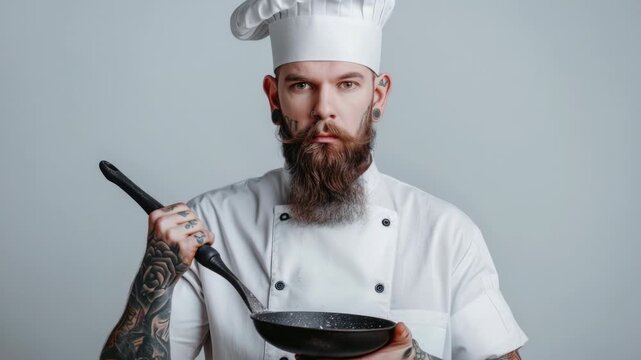 A chef holds a frying pan and wears a traditional chef's hat, perfect for food or cooking related imagery