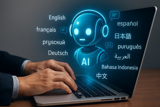 User typing on laptop with ai assistant robot displaying multilingual translation languages for real time communication and language processing powered by artificial intelligence