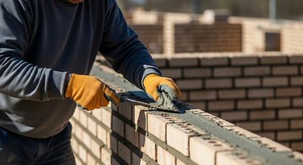 bricklayer applying cement to wall, arms in motion, face not visible