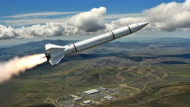 A missile launches into the sky from a testing facility surrounded by mountains and clouds